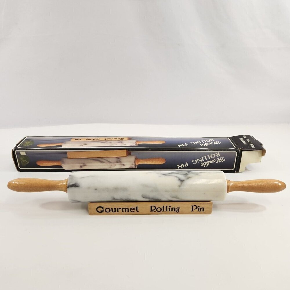 White Marble Rolling Pin Wooden Handles & Stand Gourmet Vintage Boxed
